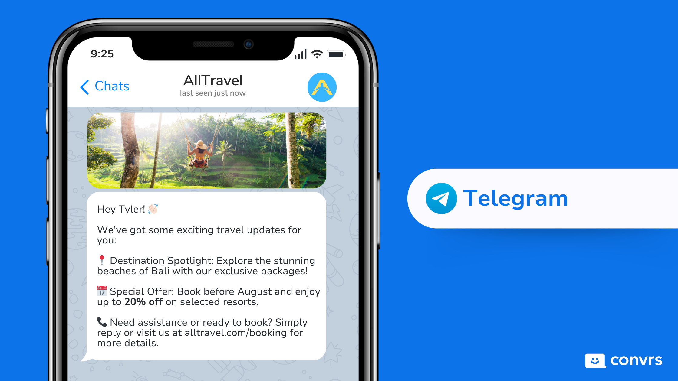 Telegram message from a travel agency to a customer about travel tour package offers